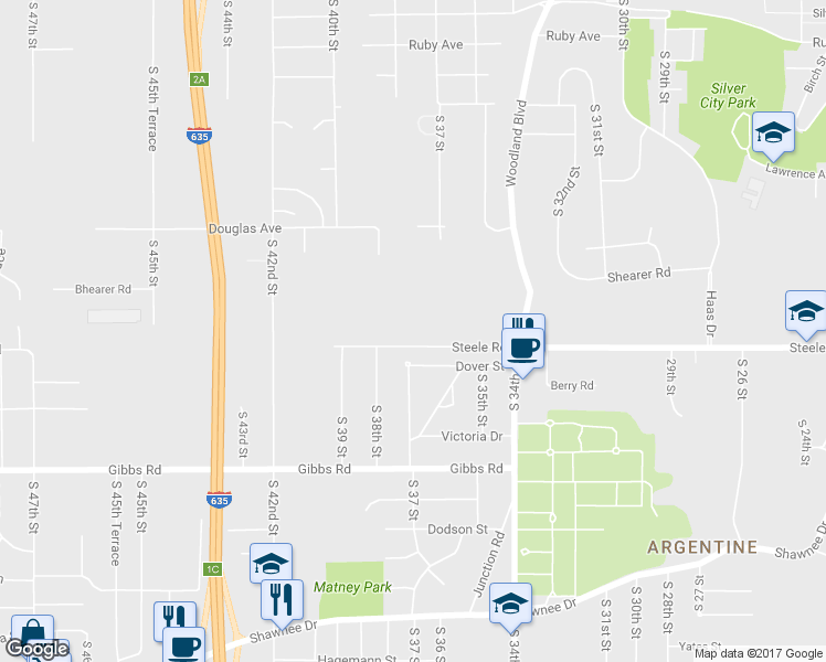 map of restaurants, bars, coffee shops, grocery stores, and more near 3620 Steele Road in Kansas City