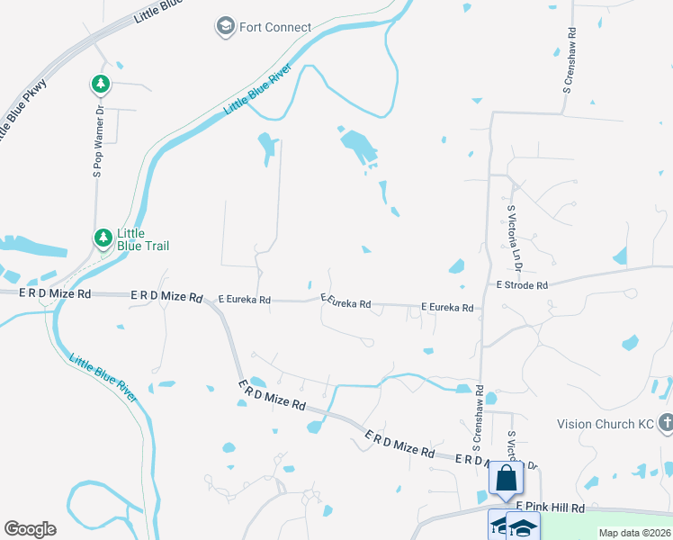 map of restaurants, bars, coffee shops, grocery stores, and more near 21708 East Eureka Road in Independence
