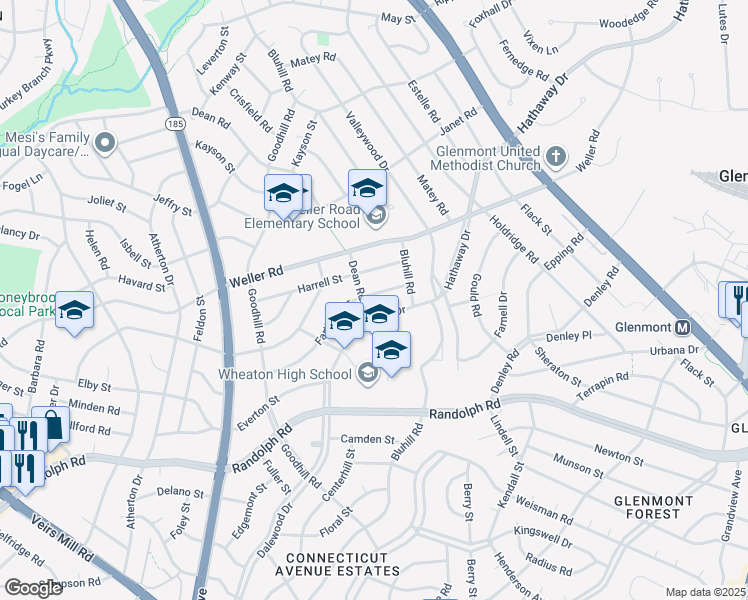 map of restaurants, bars, coffee shops, grocery stores, and more near 3312 Farthing Drive in Silver Spring