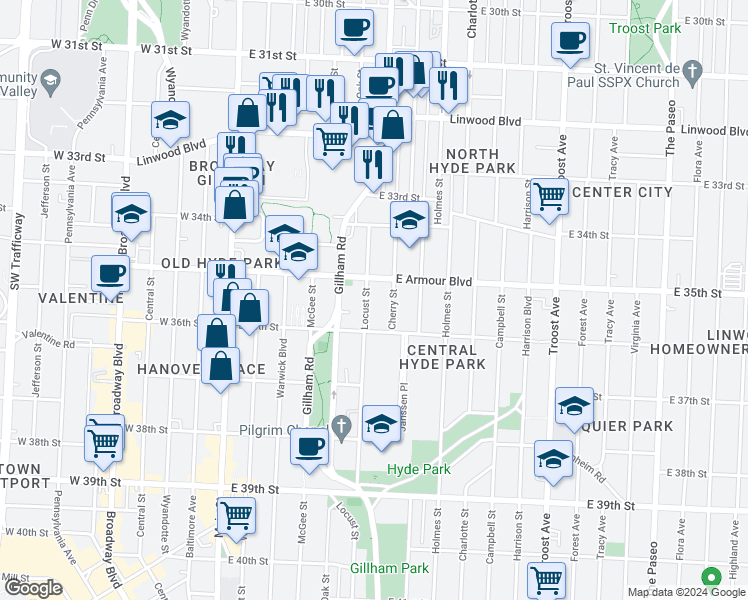map of restaurants, bars, coffee shops, grocery stores, and more near 3517 Locust Street in Kansas City