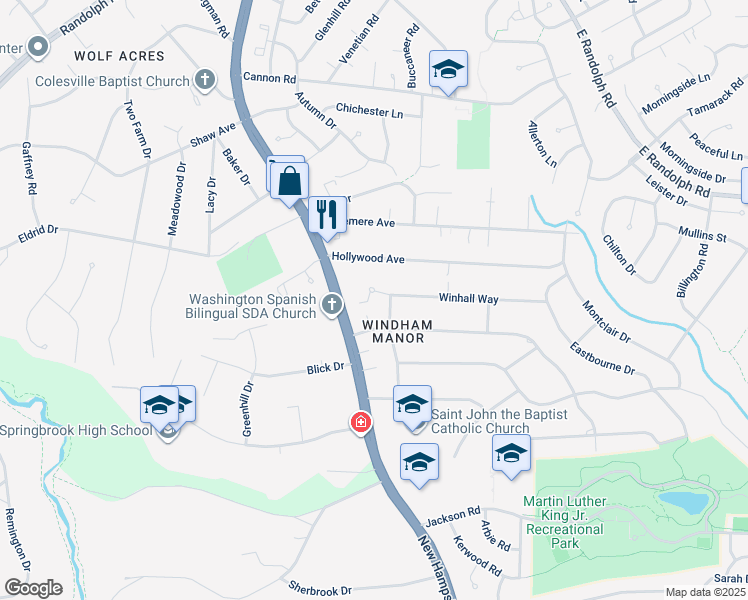map of restaurants, bars, coffee shops, grocery stores, and more near 605 Winhall Way in Silver Spring