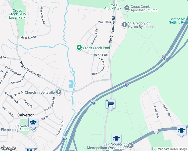 map of restaurants, bars, coffee shops, grocery stores, and more near 4801 Daisey Creek Terrace in Beltsville