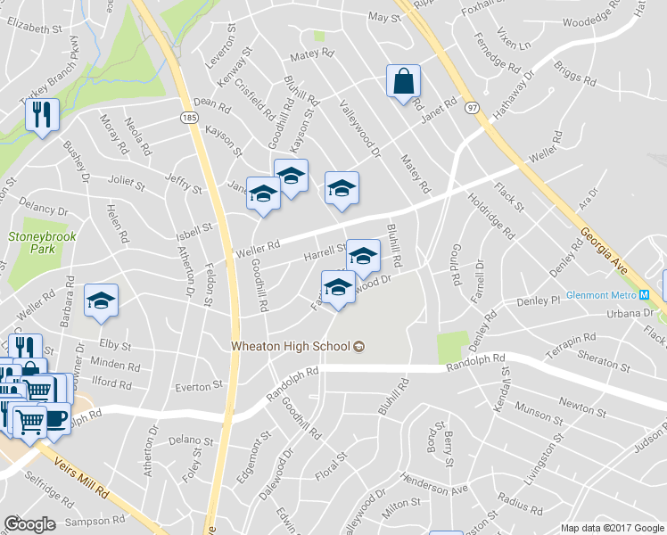 map of restaurants, bars, coffee shops, grocery stores, and more near 3407 Farthing Drive in Silver Spring