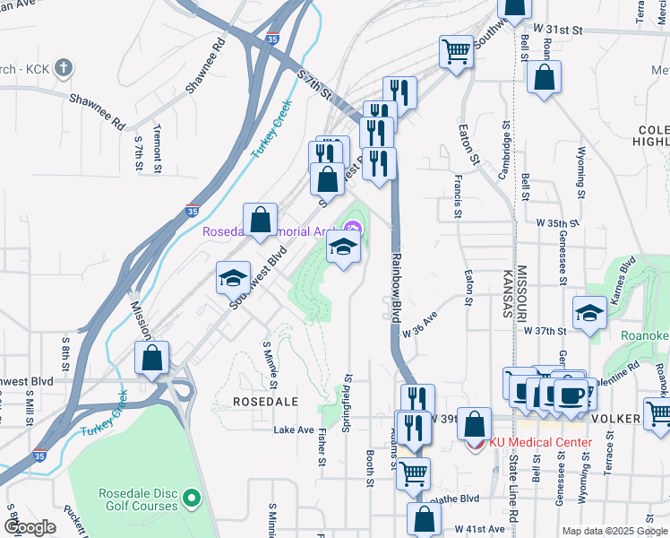 map of restaurants, bars, coffee shops, grocery stores, and more near 3600 Springfield Street in Kansas City