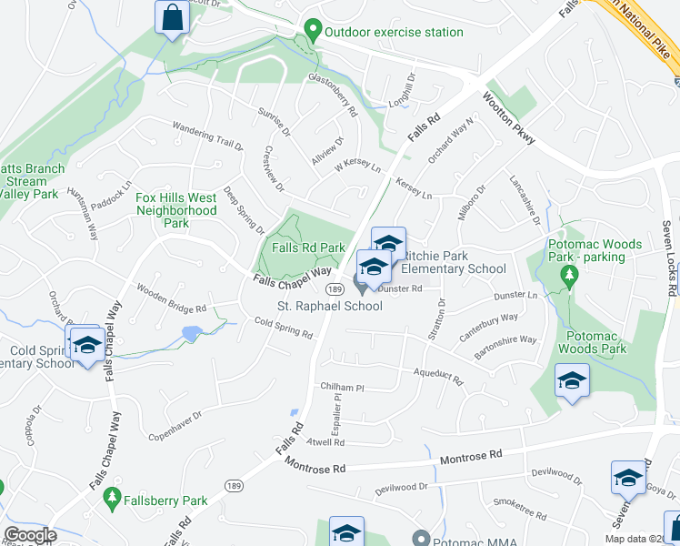 map of restaurants, bars, coffee shops, grocery stores, and more near 16995 Falls Road in Rockville