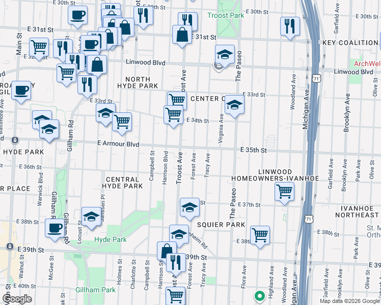 map of restaurants, bars, coffee shops, grocery stores, and more near 1111 East Armour Boulevard in Kansas City
