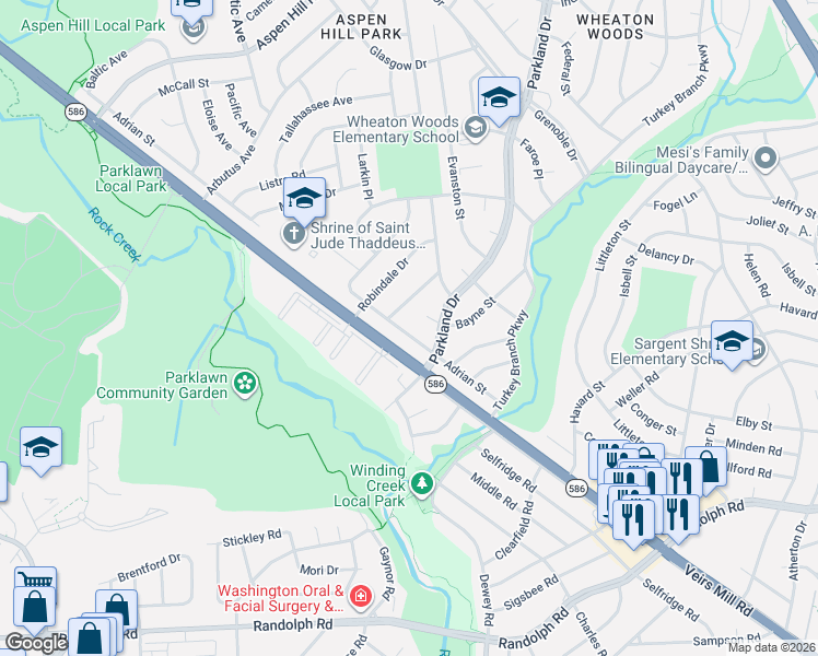 map of restaurants, bars, coffee shops, grocery stores, and more near 4611 Adrian Street in Rockville