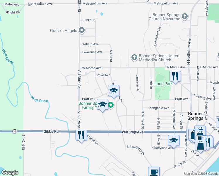map of restaurants, bars, coffee shops, grocery stores, and more near 421 South Twist Drive in Bonner Springs
