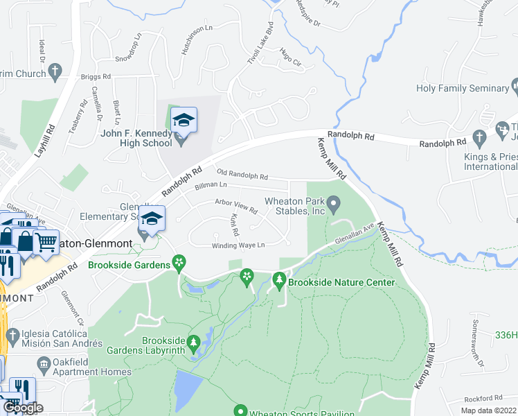 map of restaurants, bars, coffee shops, grocery stores, and more near 1505 Arbor View Road in Silver Spring