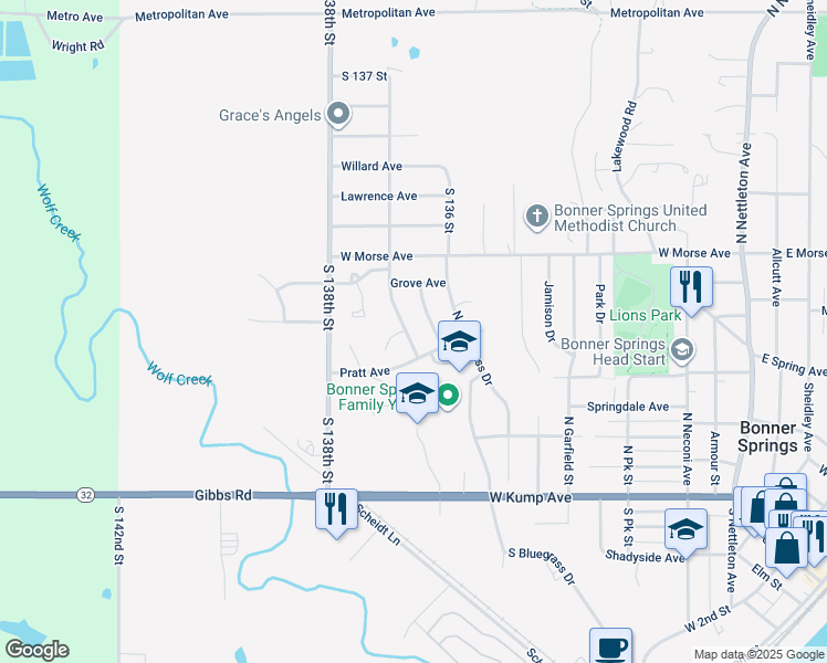 map of restaurants, bars, coffee shops, grocery stores, and more near 2065 South 137 Street in Bonner Springs