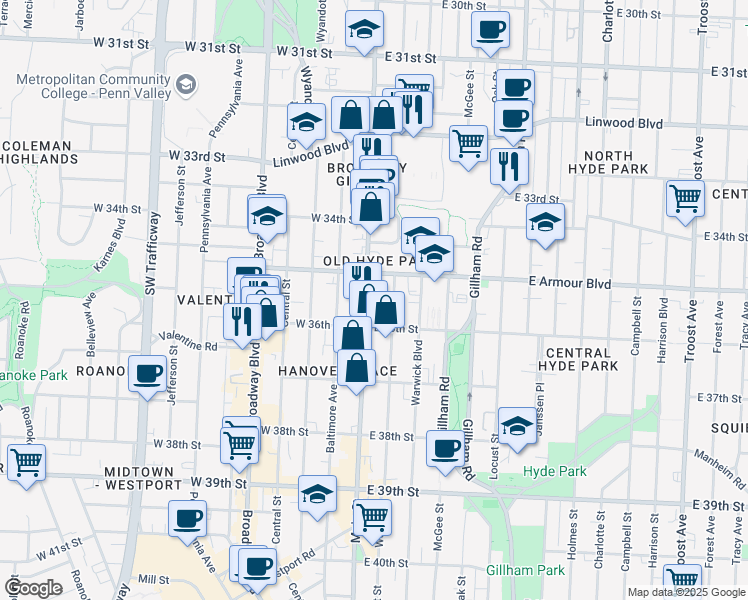 map of restaurants, bars, coffee shops, grocery stores, and more near 3517 Main Street in Kansas City