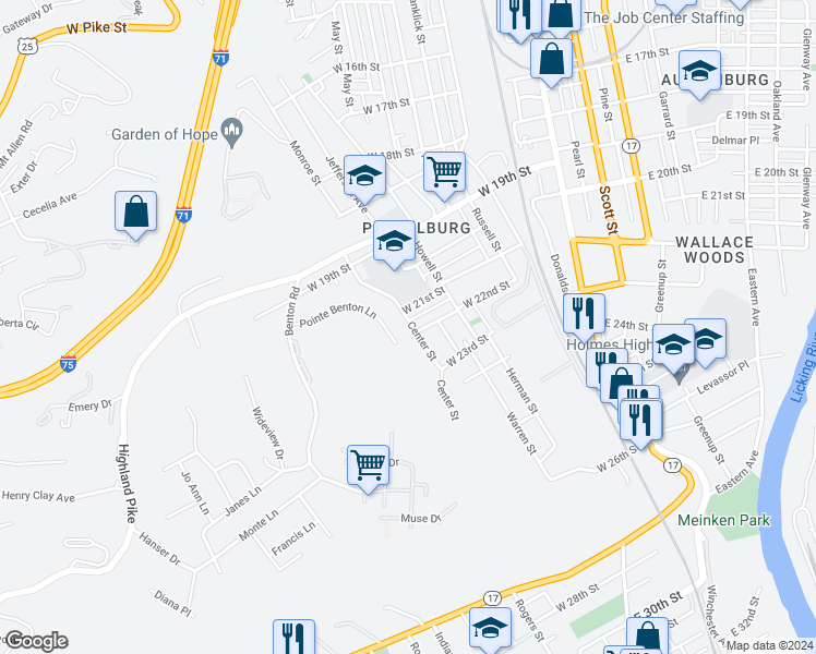 map of restaurants, bars, coffee shops, grocery stores, and more near 2107B Center Street in Covington