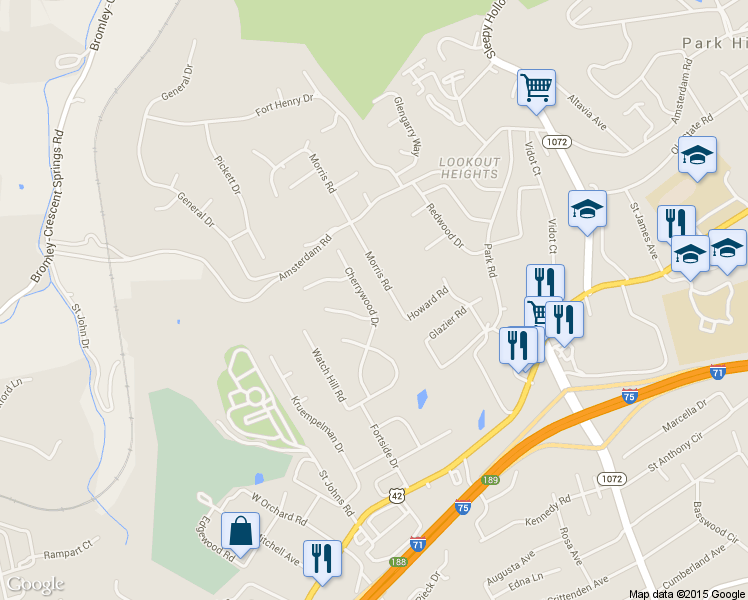 map of restaurants, bars, coffee shops, grocery stores, and more near 306 Cherrywood Drive in Fort Mitchell