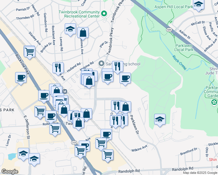 map of restaurants, bars, coffee shops, grocery stores, and more near 5629 Fishers Lane in North Bethesda