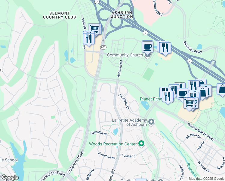 map of restaurants, bars, coffee shops, grocery stores, and more near 43920 Hickory Corner Terrace in Ashburn