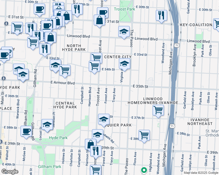map of restaurants, bars, coffee shops, grocery stores, and more near 1205 East Armour Boulevard in Kansas City