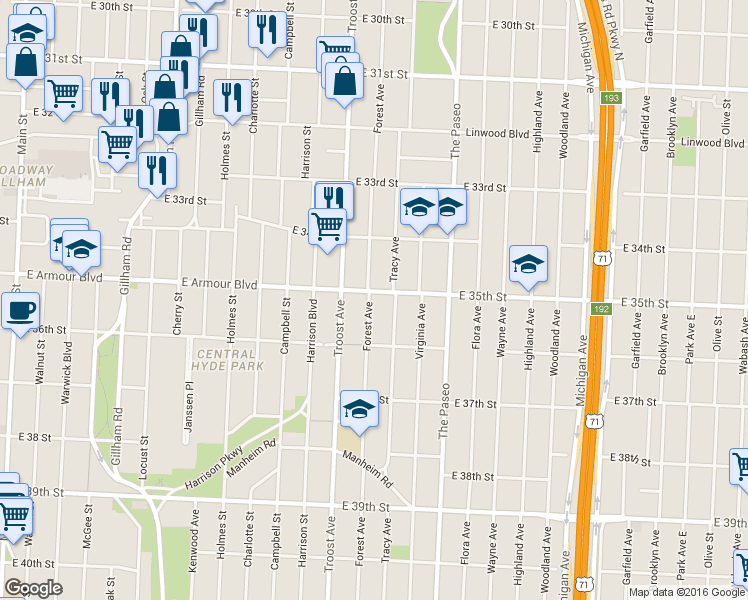 map of restaurants, bars, coffee shops, grocery stores, and more near 1205 East Armour Boulevard in Kansas City