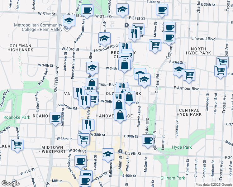 map of restaurants, bars, coffee shops, grocery stores, and more near 3520 Baltimore Avenue in Kansas City