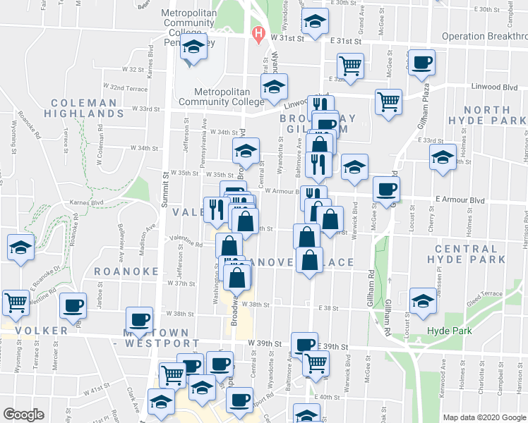 map of restaurants, bars, coffee shops, grocery stores, and more near 3525 Central Street in Kansas City