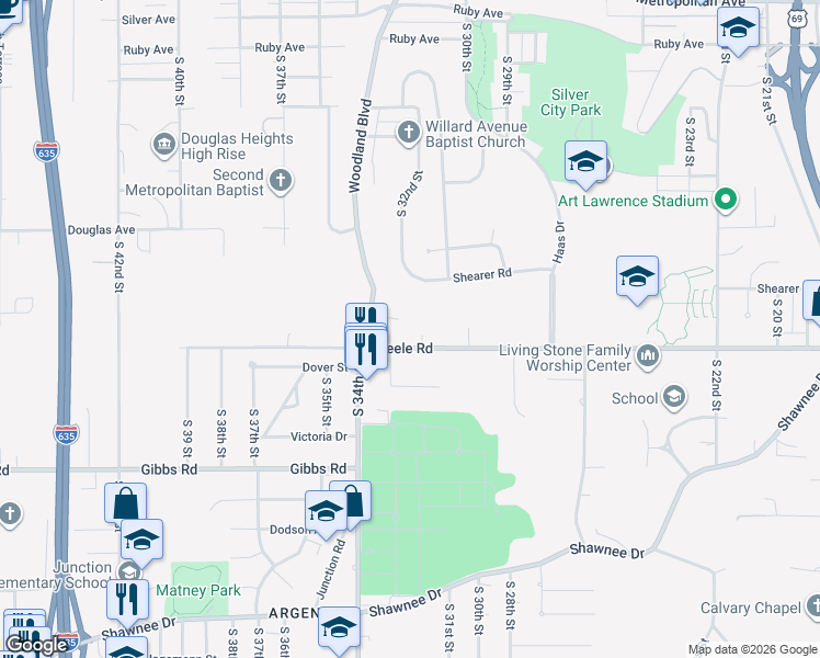 map of restaurants, bars, coffee shops, grocery stores, and more near 2035 Woodland Avenue in Kansas City