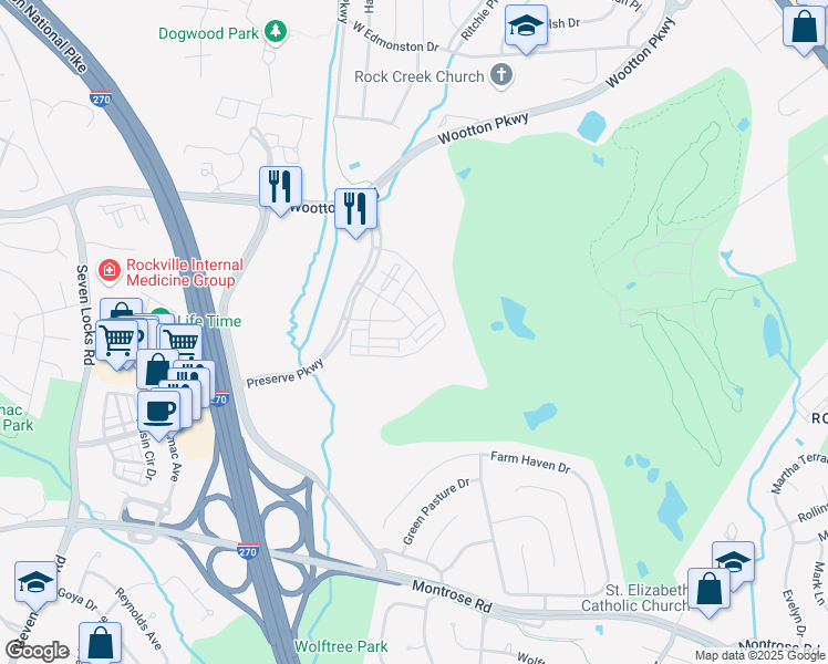 map of restaurants, bars, coffee shops, grocery stores, and more near 3246 Royal Fern Place in Rockville