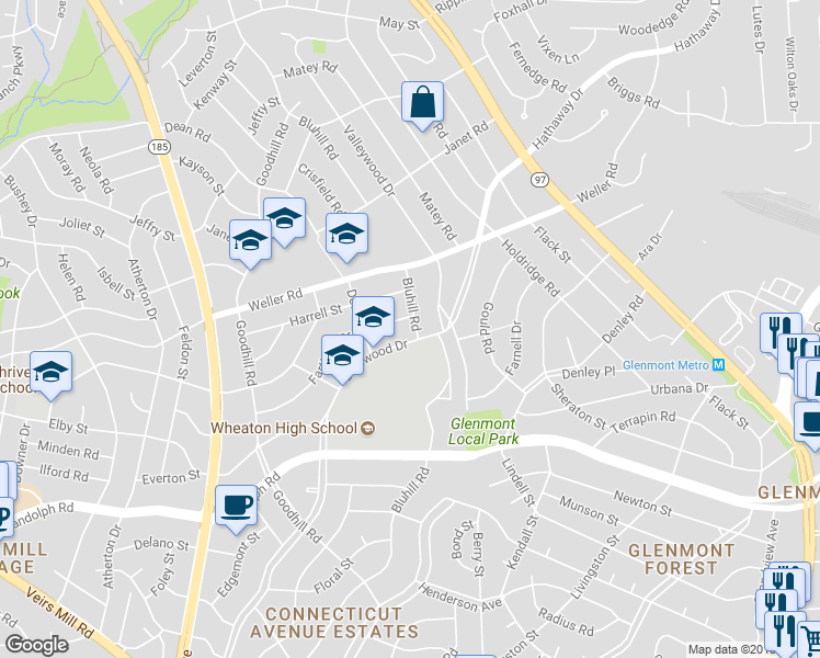 map of restaurants, bars, coffee shops, grocery stores, and more near 12602 Bluhill Road in Silver Spring