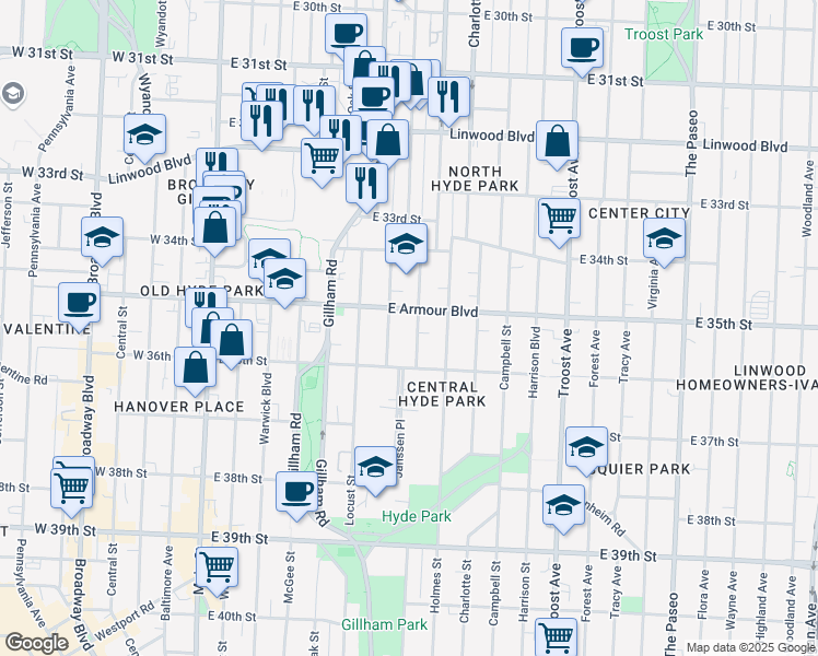 map of restaurants, bars, coffee shops, grocery stores, and more near 3512 Kenwood Avenue in Kansas City