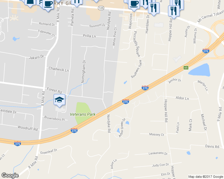 map of restaurants, bars, coffee shops, grocery stores, and more near 8692 Forestpine Drive in Cincinnati