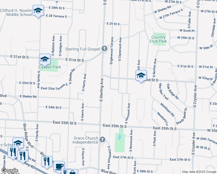 map of restaurants, bars, coffee shops, grocery stores, and more near 3216 Englewood Terrace in Independence