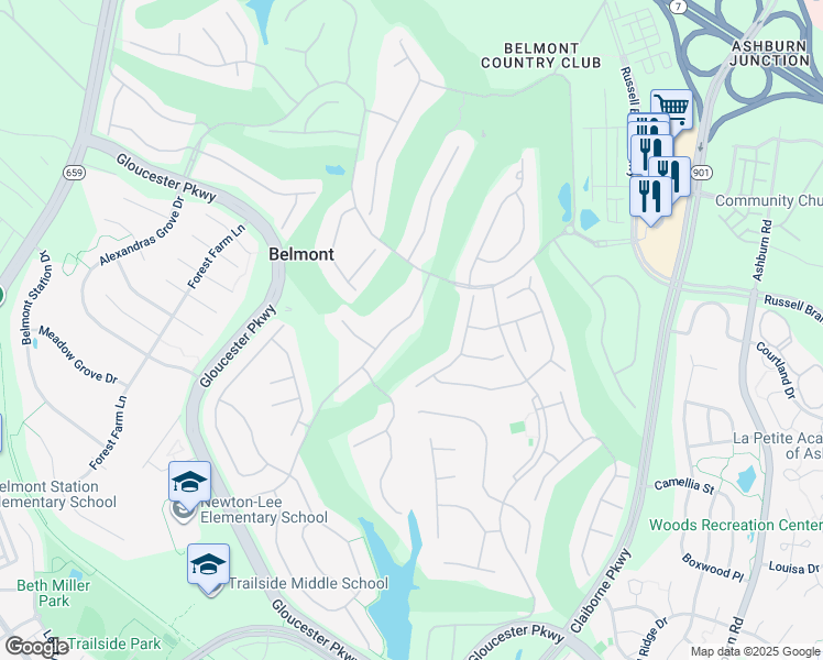 map of restaurants, bars, coffee shops, grocery stores, and more near 19974 Palmer Classic Parkway in Ashburn