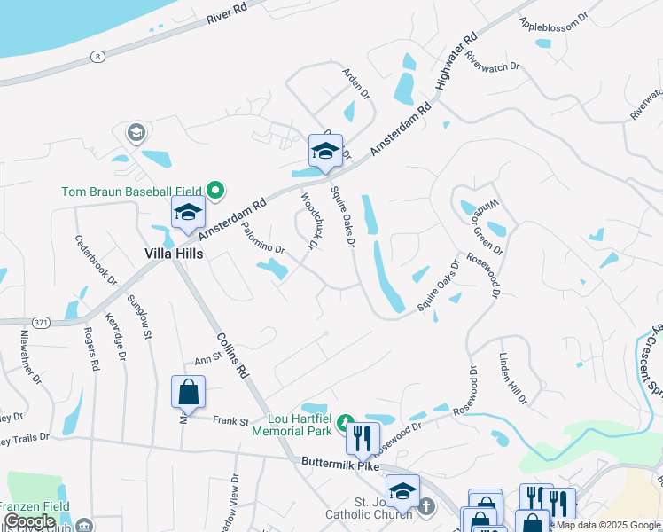 map of restaurants, bars, coffee shops, grocery stores, and more near 917 North Oak Drive in Villa Hills