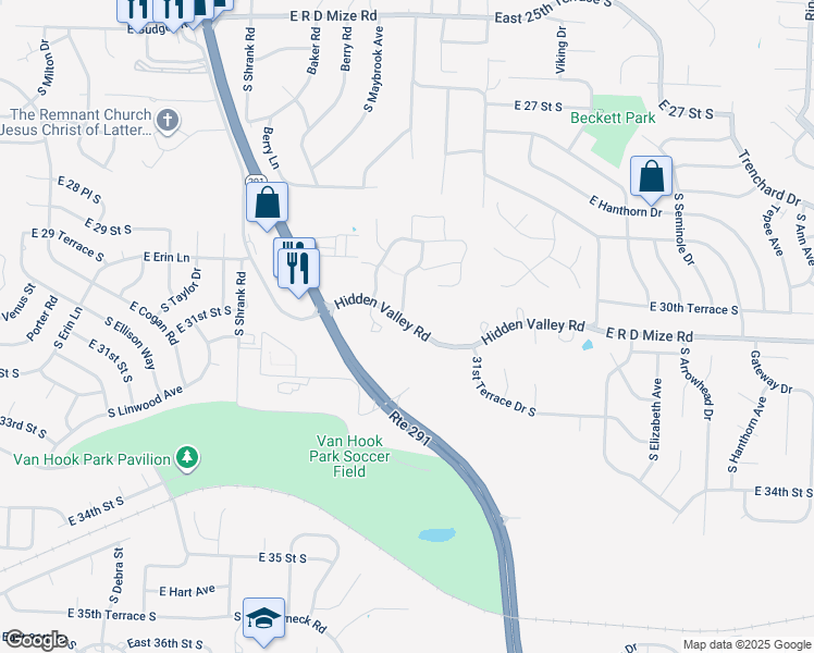 map of restaurants, bars, coffee shops, grocery stores, and more near 17707 Hidden Valley Road in Independence