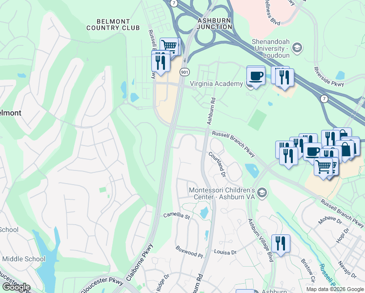 map of restaurants, bars, coffee shops, grocery stores, and more near 43825 Hickory Corner Terrace in Ashburn