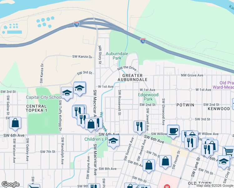 map of restaurants, bars, coffee shops, grocery stores, and more near 121 Southwest Roosevelt Street in Topeka