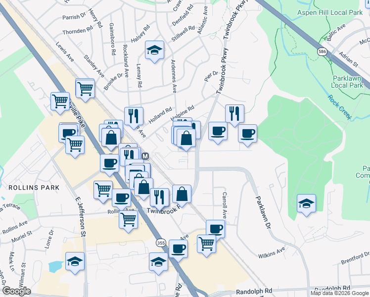 map of restaurants, bars, coffee shops, grocery stores, and more near 1101 Higgins Place in Rockville