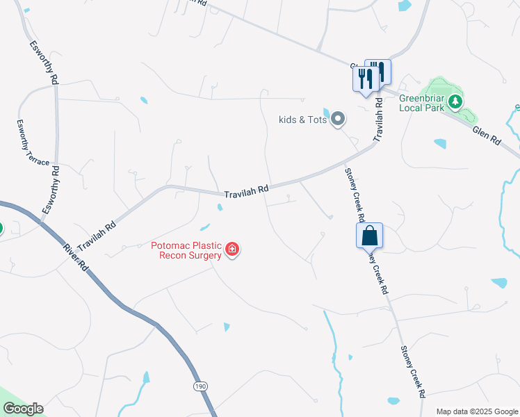 map of restaurants, bars, coffee shops, grocery stores, and more near 12440 Bacall Lane in Potomac