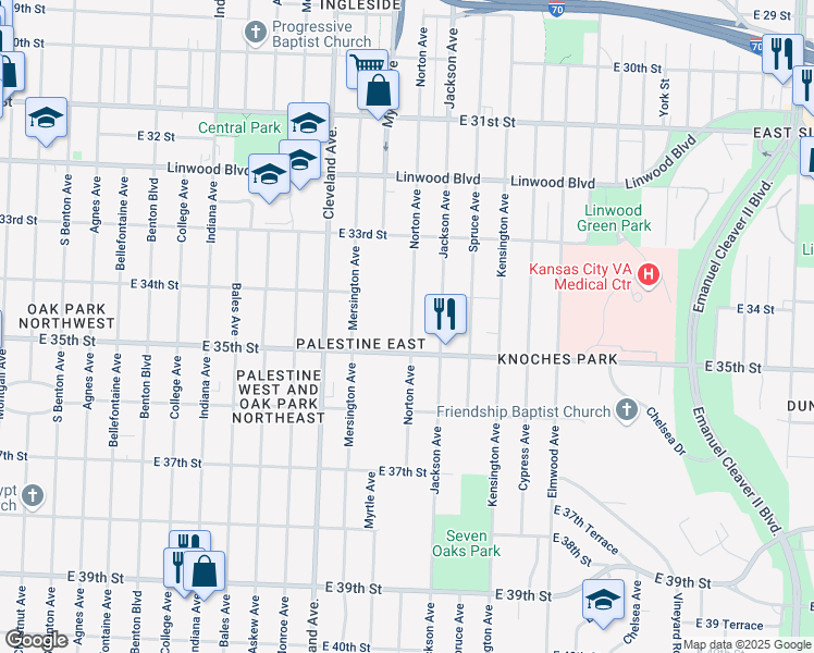 map of restaurants, bars, coffee shops, grocery stores, and more near 3426 Norton Avenue in Kansas City