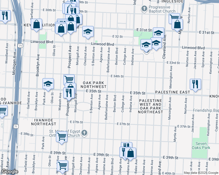 map of restaurants, bars, coffee shops, grocery stores, and more near 3434 Benton Boulevard in Kansas City