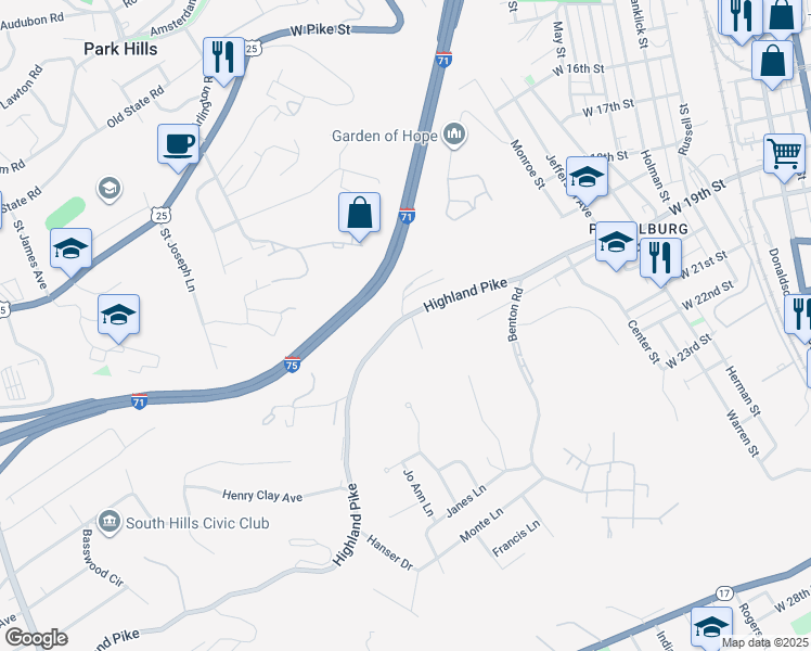 map of restaurants, bars, coffee shops, grocery stores, and more near 793 Highland Avenue in Fort Wright