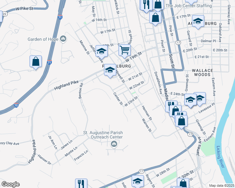 map of restaurants, bars, coffee shops, grocery stores, and more near 434 West 22nd Street in Covington