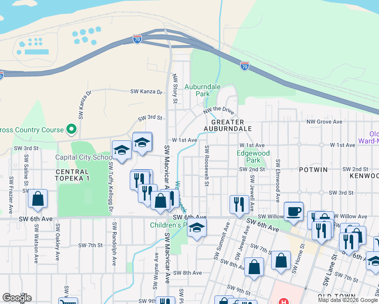 map of restaurants, bars, coffee shops, grocery stores, and more near 2400 Southwest 2nd Street in Topeka