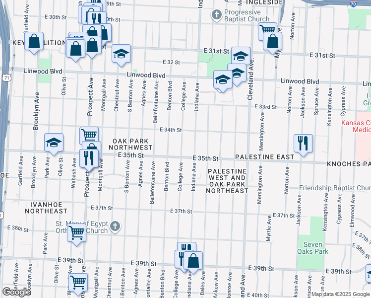 map of restaurants, bars, coffee shops, grocery stores, and more near 3435 College Ave in Kansas City