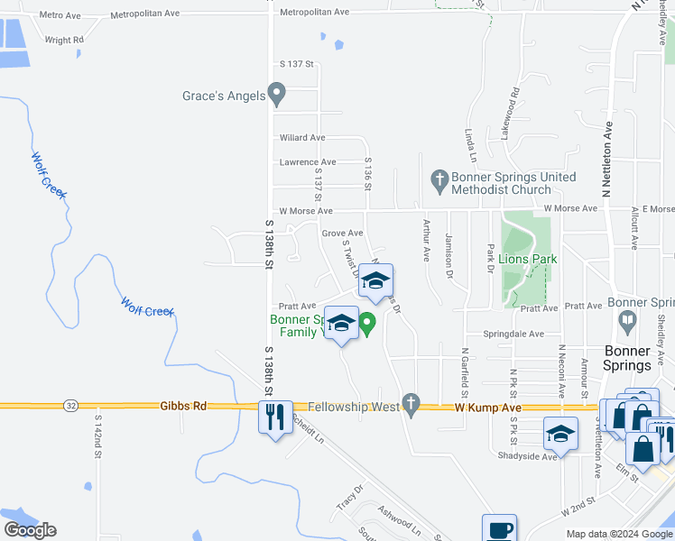 map of restaurants, bars, coffee shops, grocery stores, and more near 2061 South 137 Street in Bonner Springs