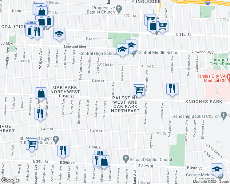 map of restaurants, bars, coffee shops, grocery stores, and more near 3431 Bales Avenue in Kansas City