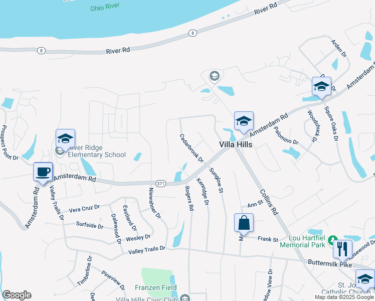 map of restaurants, bars, coffee shops, grocery stores, and more near 1020 Cedarbrook Drive in Villa Hills