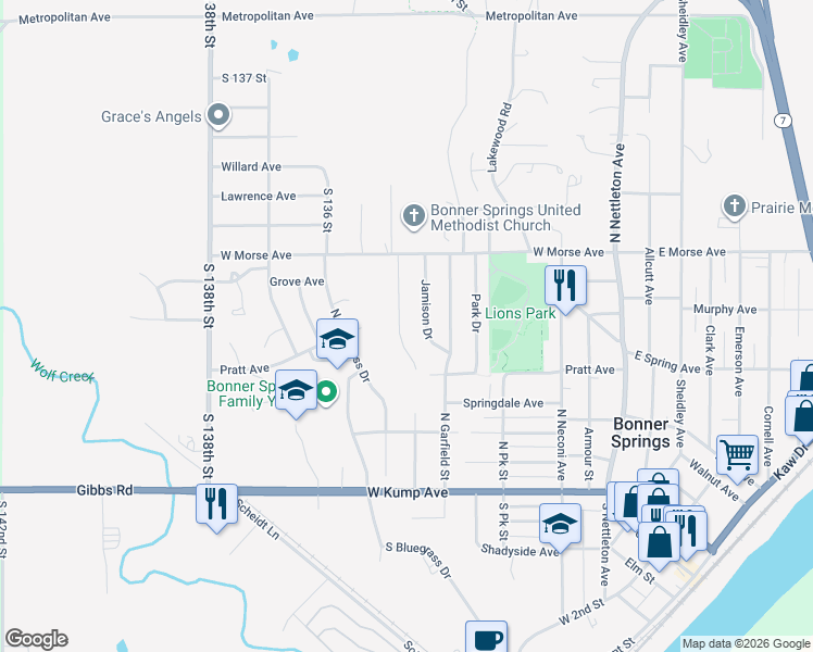 map of restaurants, bars, coffee shops, grocery stores, and more near 427 Arthur Avenue in Bonner Springs