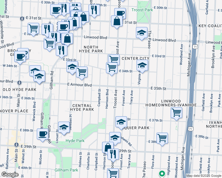 map of restaurants, bars, coffee shops, grocery stores, and more near 3500 Troost Avenue in Kansas City