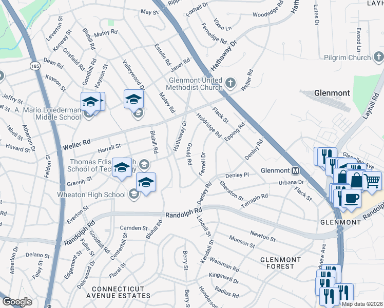 map of restaurants, bars, coffee shops, grocery stores, and more near 12701 Gould Road in Silver Spring