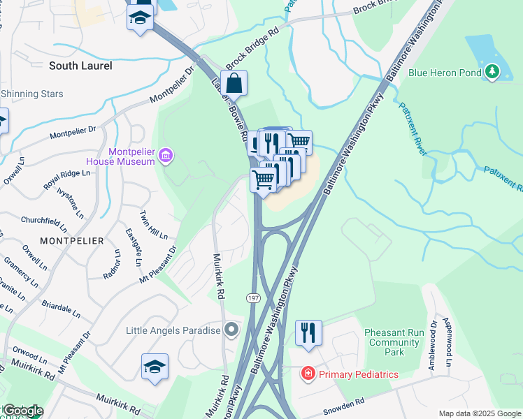 map of restaurants, bars, coffee shops, grocery stores, and more near in South Laurel