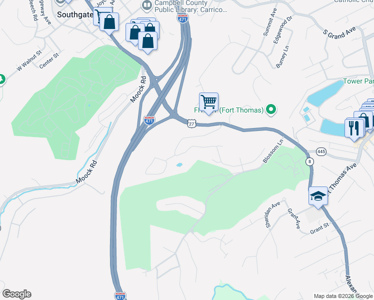 map of restaurants, bars, coffee shops, grocery stores, and more near Beverly Hills Drive in Southgate